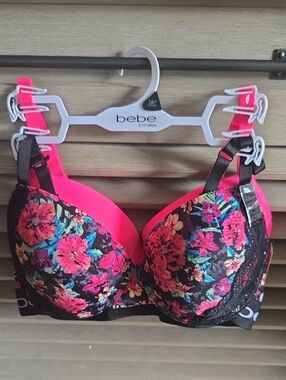 bebe Neon Pink and Black Floral Push-Up Bra